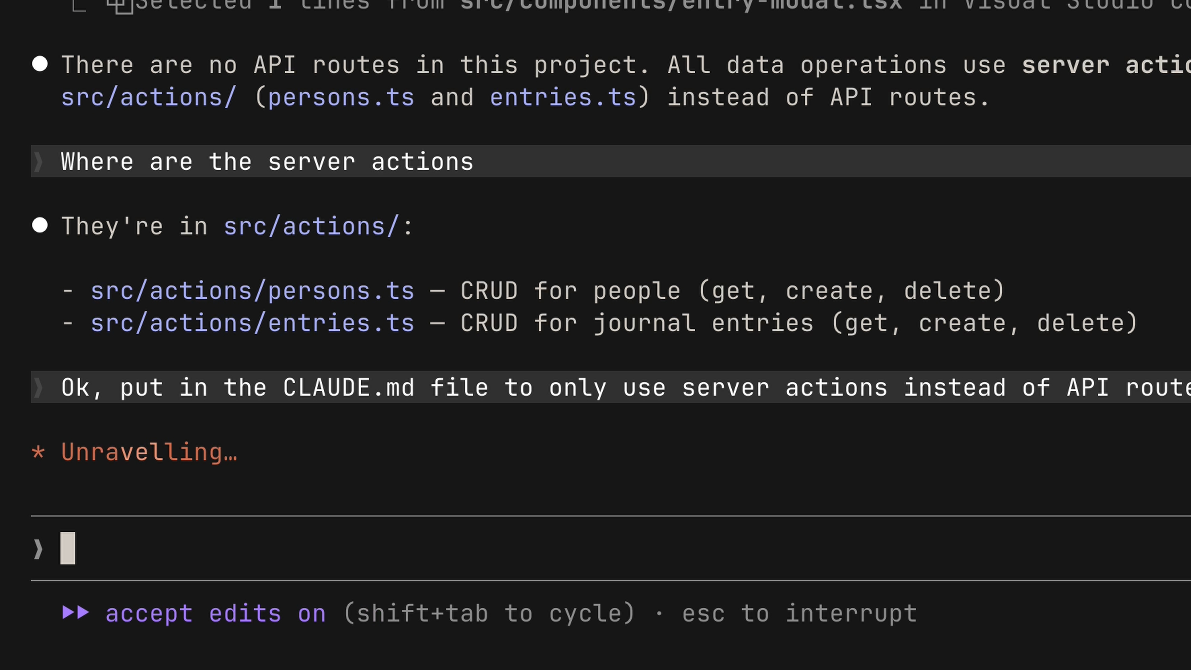 Asking Claude to save a rule to the CLAUDE.md file &mdash; always use server actions instead of API routes