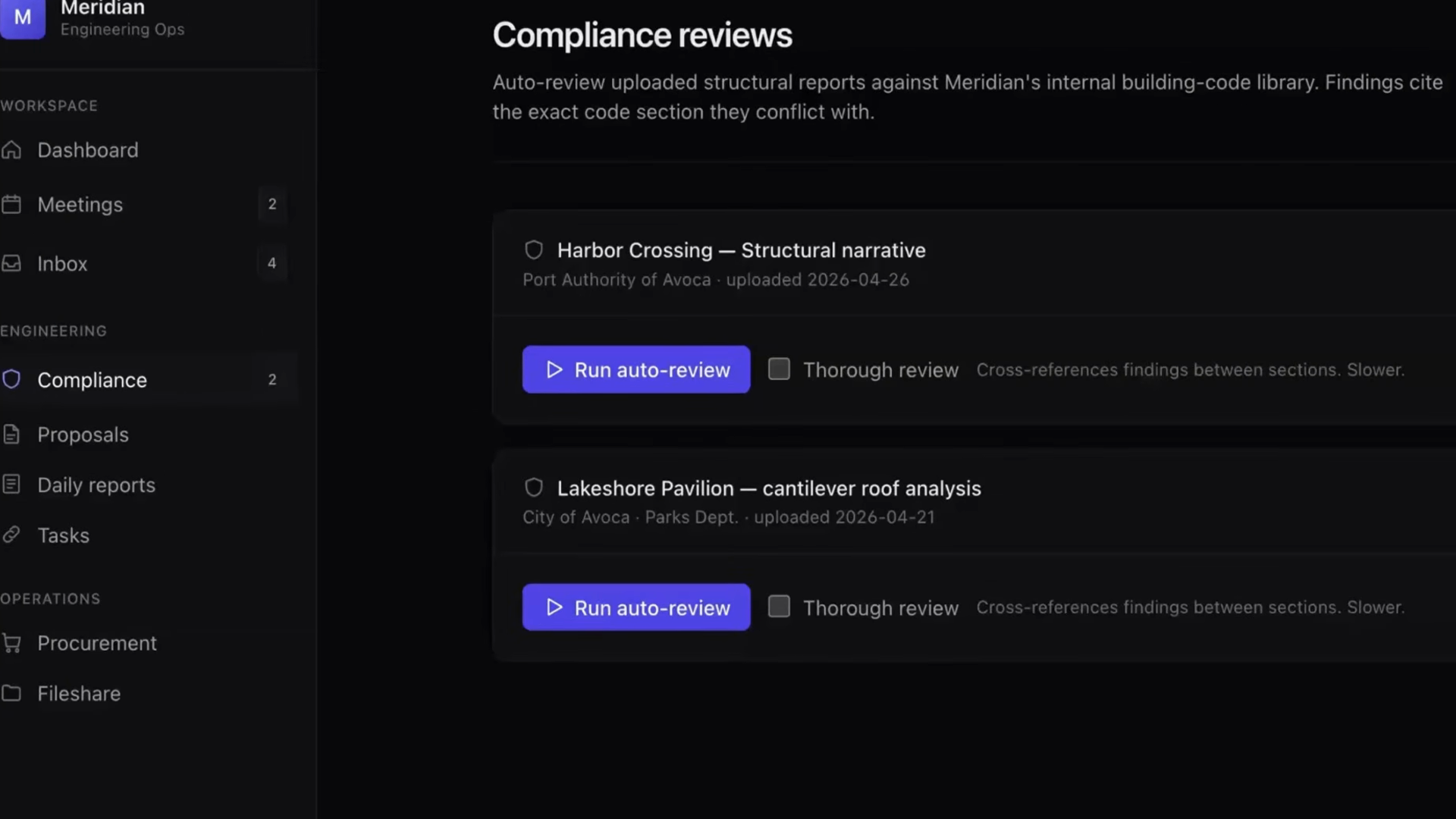 A compliance review dashboard listing uploaded structural reports, each with a Run auto-review button that kicks off the agent